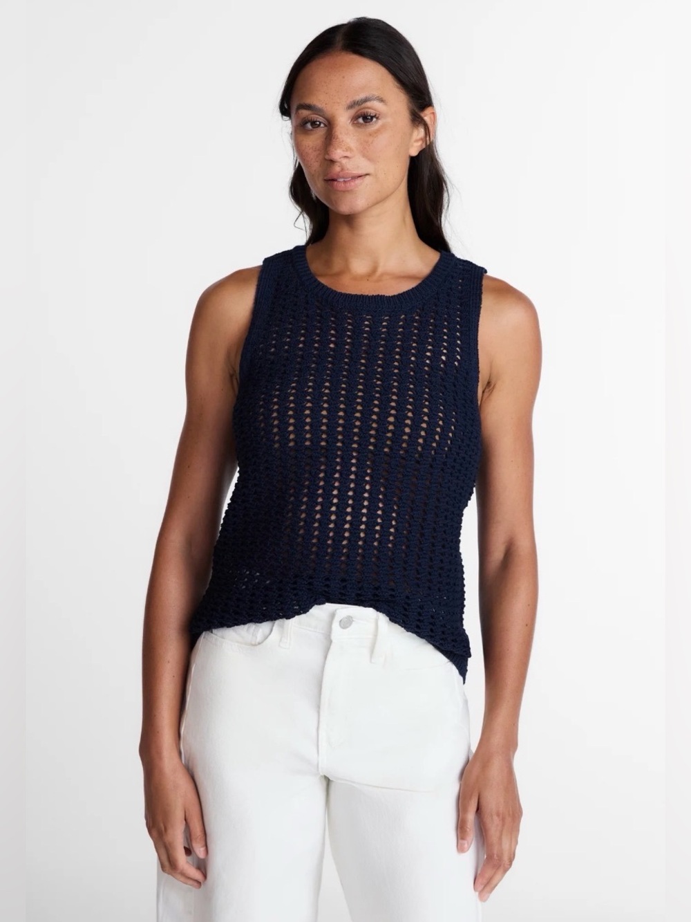 (283)Sleeveless Open-Knit Navy Tank Top